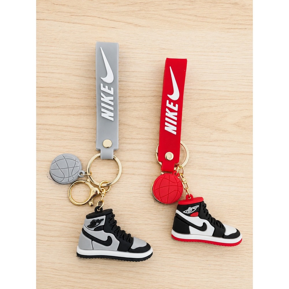 Mini High Top Sneaker Keychains Set of 2 Gray & Red Shoe Charms w/ Wrist Straps